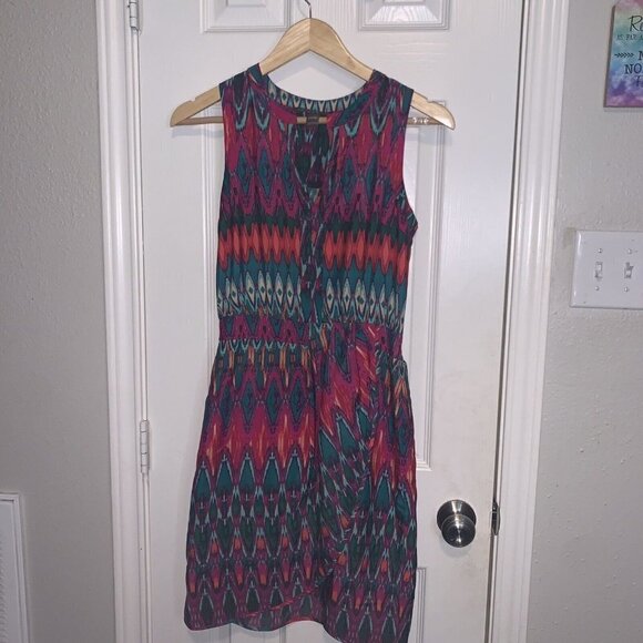 Charlie Jade Fuchsia Teal Aztec Draped Front Sleeveless Pullover Dress size XS - Picture 2 of 10
